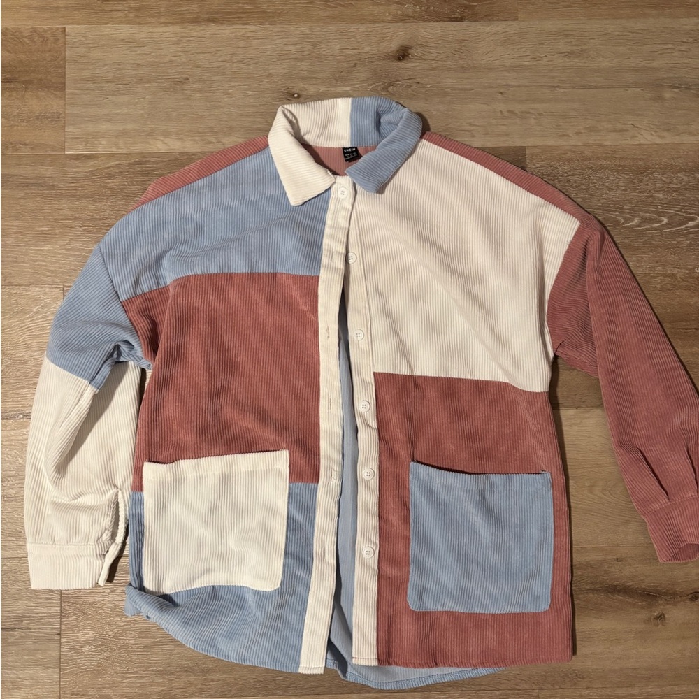 SHEIN Pink, White, and Blue Oversized Shacket – Size Medium